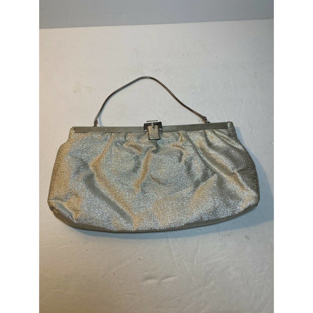 Vintage Silver Fabric Clutch Bag with Metal Trim and Strap 10"